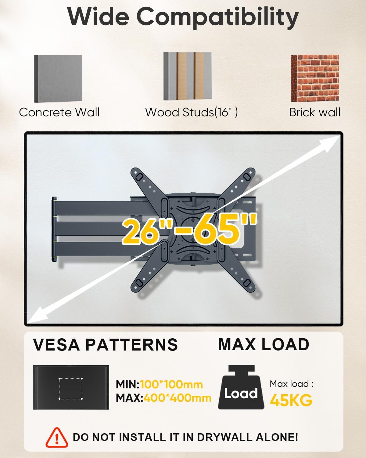 Diagram showing compatible wall types: concrete wall, 16-inch wood studs, and brick wall, with a warning not to install on drywall alone. Also shows VESA patterns and max load.