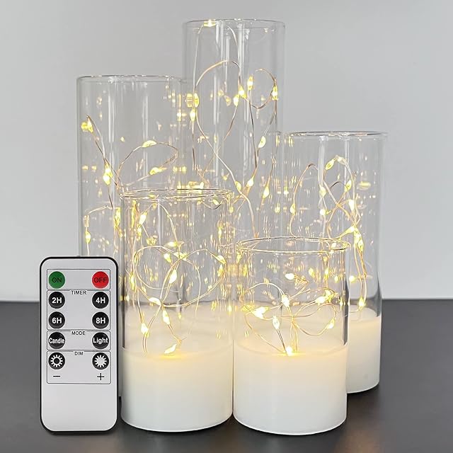 Eywamage Slim Clear Glass Flameless Candles with Remote LED Lights, Flickering Electric Battery Operated Decorative Candles D 2" H 3" 4" 5" 6" 7"