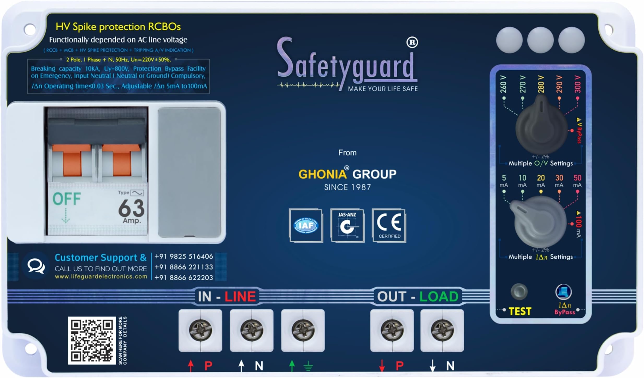 Safetyguard DPS Single Phase 2 Pole Advance Circuit Breaker | Adjustable Over Voltage Protection | Tripping Siren With LED Light | ABS Body (SG DPS 63 Amp)