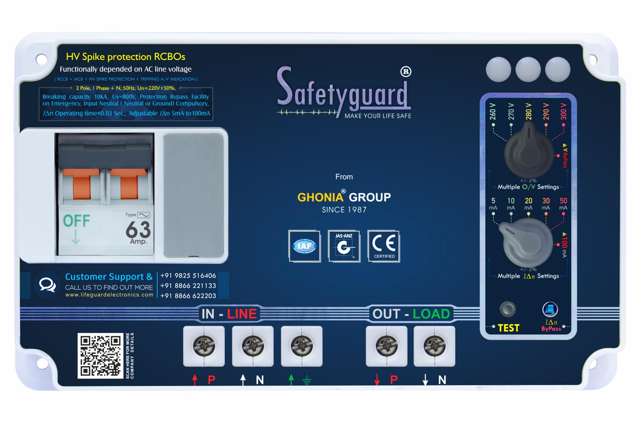 Safetyguard DPS Single Phase 2 Pole Advance Circuit Breaker | Adjustable Over Voltage Protection | Tripping Siren With LED Light | ABS Body (SG DPS 63 Amp)