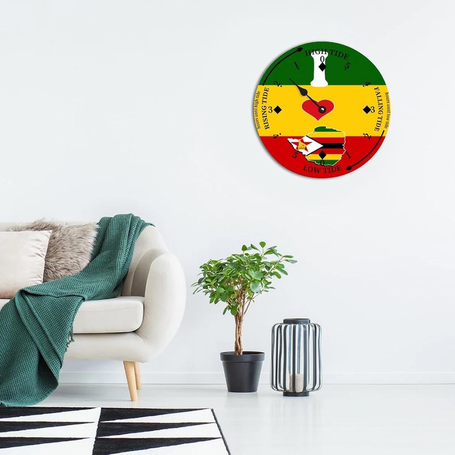 Cheyan Zimbabwe Flags Farmhouse Wood Tidal Clock Nautical Moon East Coast Ocean Time High and Low Tide Wooden Clock Decoration for Beach House Home Sailing Gifts for Fisherman 15x15 in