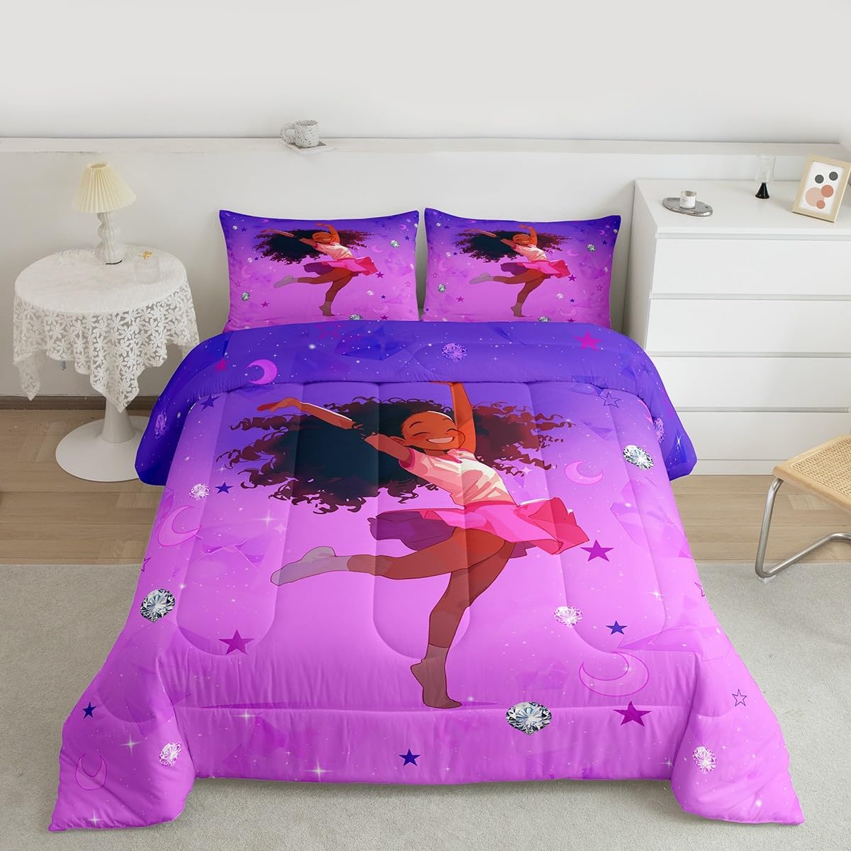 Erosebridal Black Girls Comforter Set Queen for Kids Teens Women, Starry Sky Diamond Bedding Set African Style Cute Girl Quilt Cute Afro Princess Magical Duvet Insert with 2 Pillow Cases, Purple