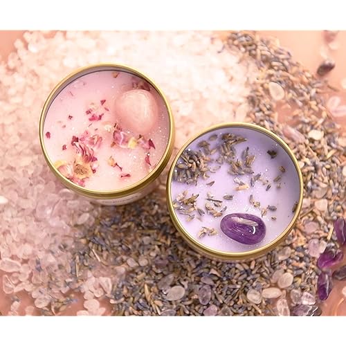 Inspireyes Candles Gift Set for Women Aromatherapy Candles for Home Scented Portable Tin of Soy Candle with Healing Crystals,Rose Quartz & Dry Flowers Home Decorative Candles Gift Set of 2
