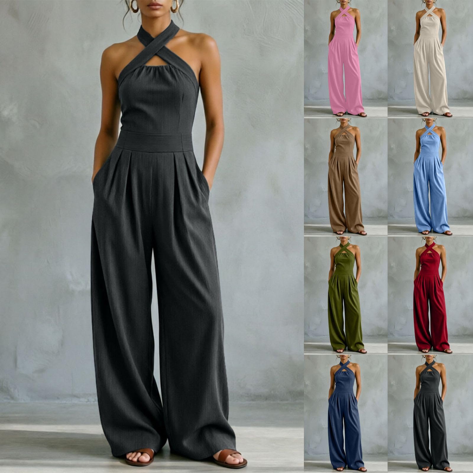 Tuta lunga da donna, estiva, elegante, allacciatura al collo, con scollo a V, tuta intera da donna, per ospiti di nozze, tuta a gamba larga, tuta aderente