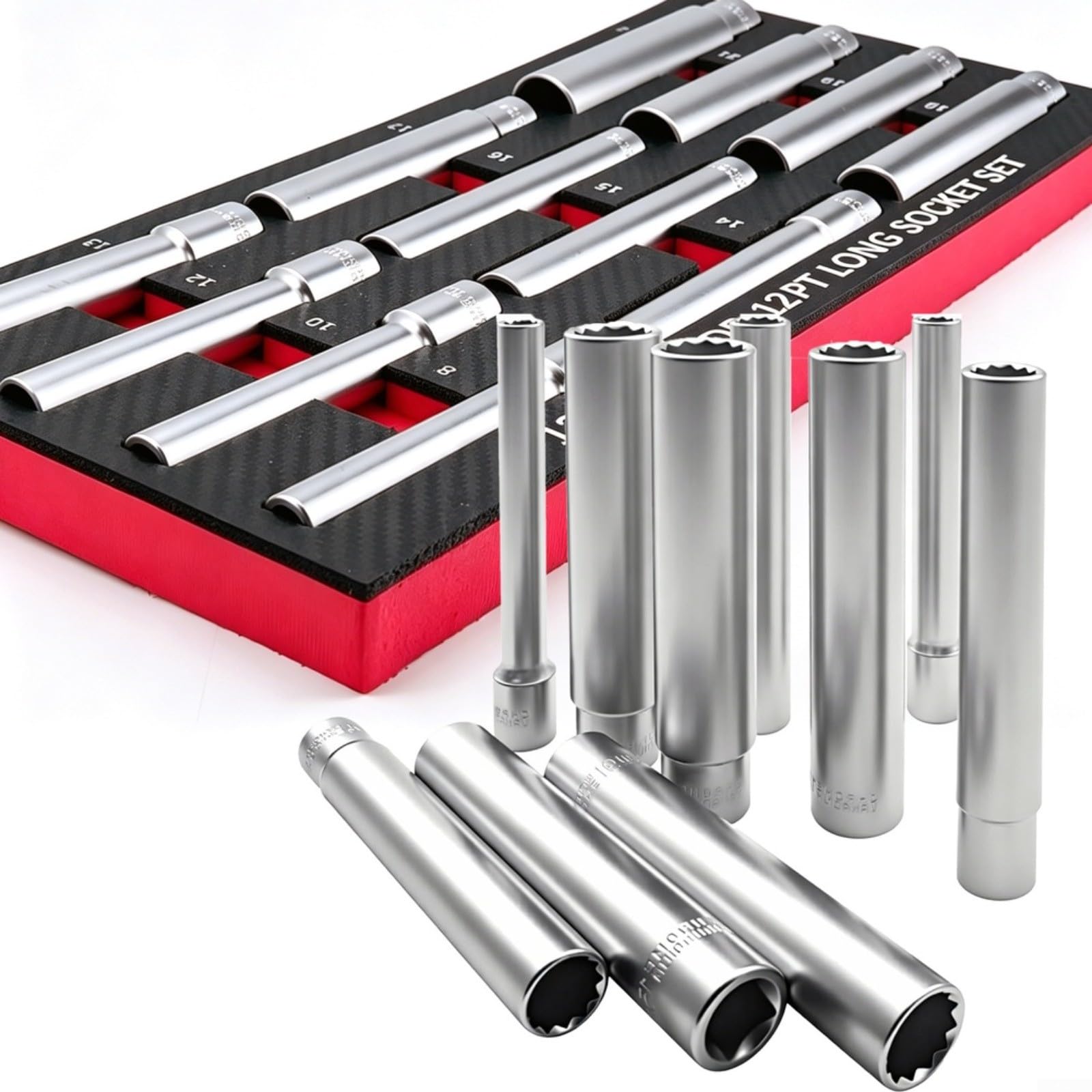 Juego de llaves de vaso de 12 puntos, acero al cromo vanadio de largo alcance, 1/2 pulgada Drive 8-22 mm para kit de reparación de mecánicos de automóviles, 12 unidades