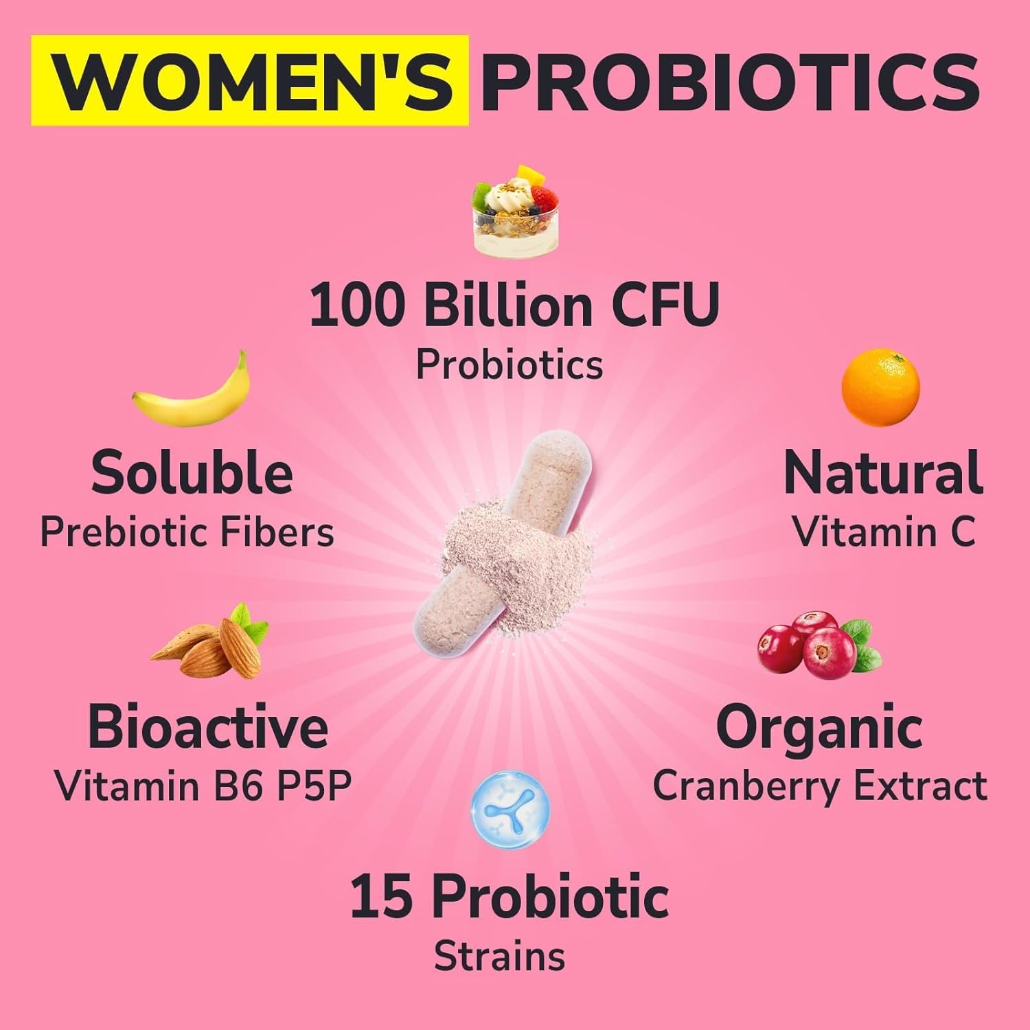 Probiotics for Women 100 Billion CFU 15 Strains, DailyProbiotic & Prebiotic Supplement with Organic Cranberry to SupportVaginal, Digestive, Immune Health, Shelf Stable, 60 Vegan Capsules - Image 3