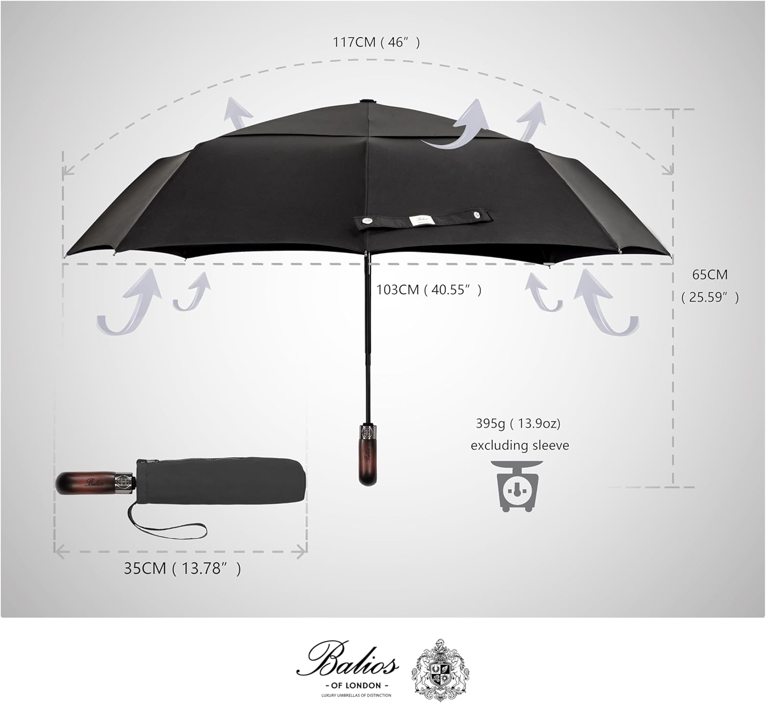 Balios Travel Folding Umbrella with Real Wood Handle Auto Open Close Vented Windproof Canopy - Designed in UK - Image 4