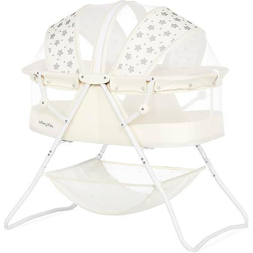 Dream On Me Karley Bassinet in French White, Lightweight Portable Baby Bassinet, Quick Fold and Easy to Carry , Adjustable Double Canopy, Indoor and Outdoor Bassinet with Large Storage Basket.