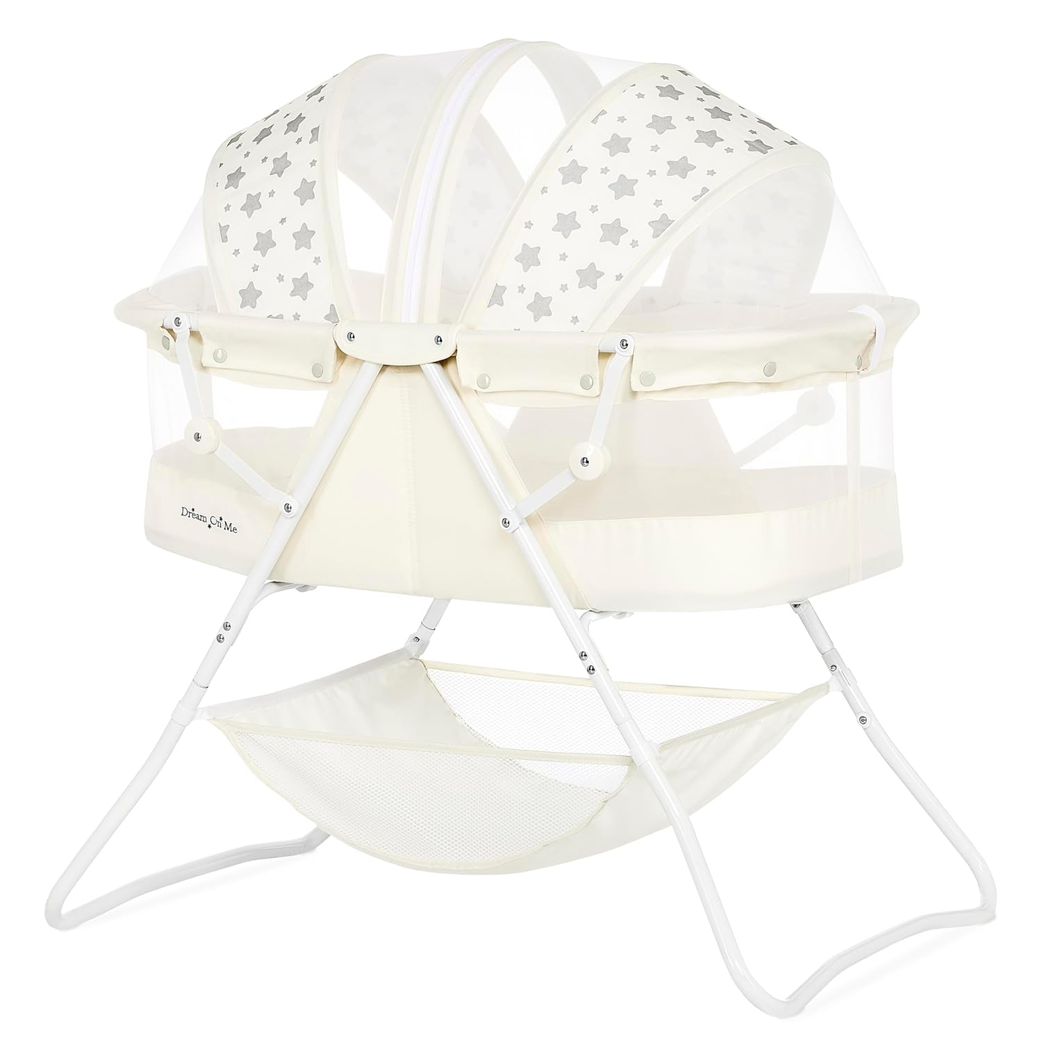 Dream On Me Karley Bassinet in French White,Lightweight Portable Baby Bassinet, Quick Fold and Easy to Carry, Adjustable Double Canopy, Indoor and Outdoor Bassinet with Large Storage Basket.