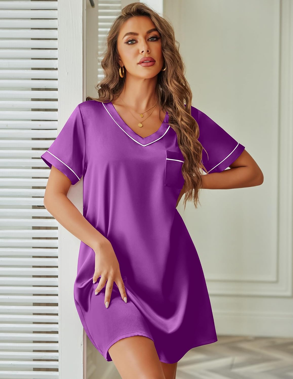 Ekouaer Satin Nightgowns for Women Silk Sleep Shirt Silky Loose Sleepwear V Neck Nightshirt Short Sleeve Pajamas - Image 5