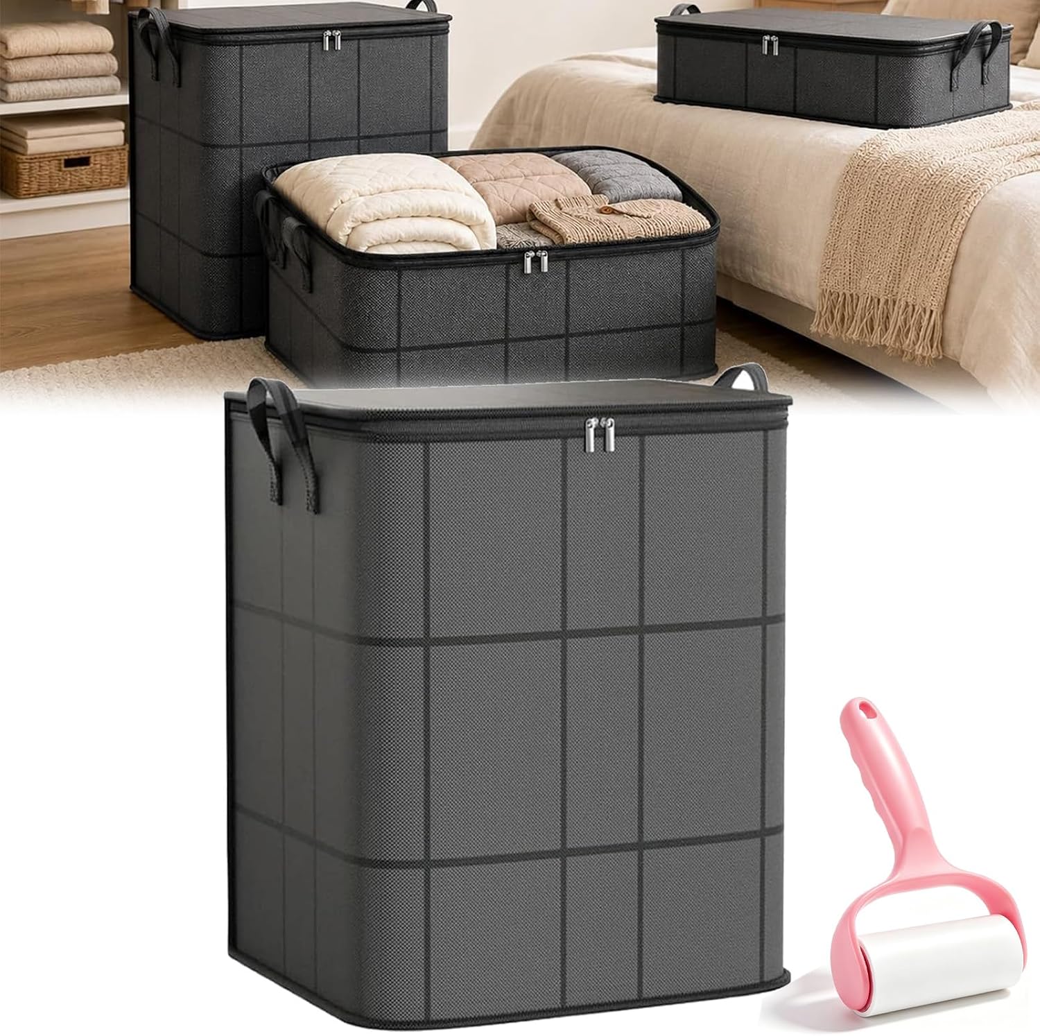 Spacious Moving Storage Bin, 210L Extra Large Foldable Blanket Storage Bags with Durable Handles & Zipper, Heavy-Duty Fabric Organizer for Comforter, Bedding, Clothes, Seasonal Wardrobe Packing，1 Pcs
