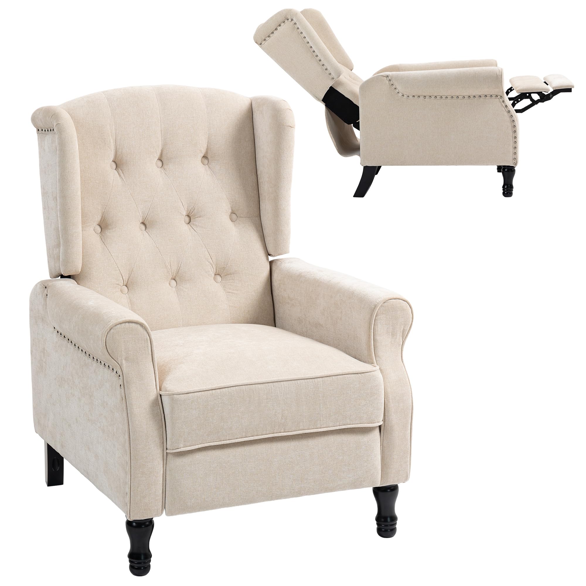 HOMCOM Recliner Armchair, Vintage Reclining Chair with Nail Head Trim, Wingback Chair with Button Tufted Back and Footrest, for Living Room, Beige