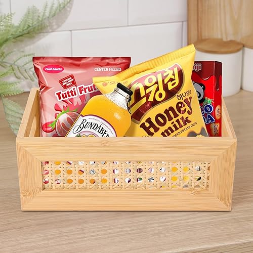 Miniatura 7 de LaMorée - Canasta de almacenamiento de ratán, cesta de almacenamiento tejida natural de bambú hecha a mano con marco de madera y asas, caja