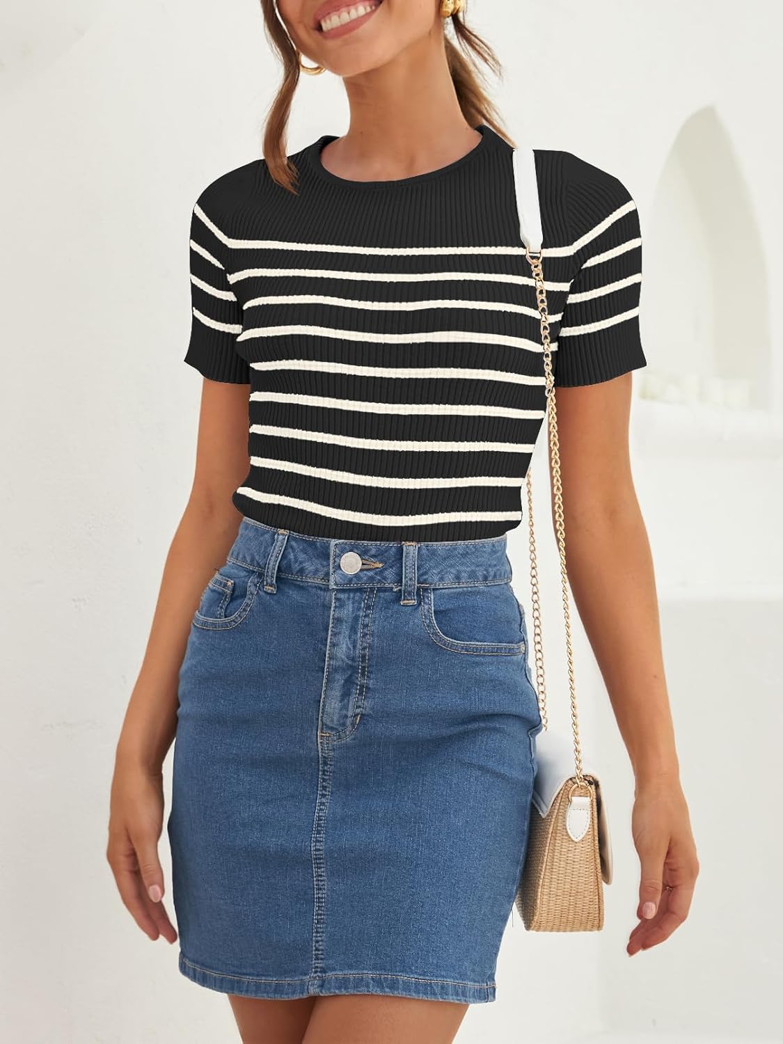 ZESICA Women's Short Sleeve Crewneck Striped T Shirt 2026 Summer Ribbed Knit Slim Fit Casual Basic Tee Tops - Image 2