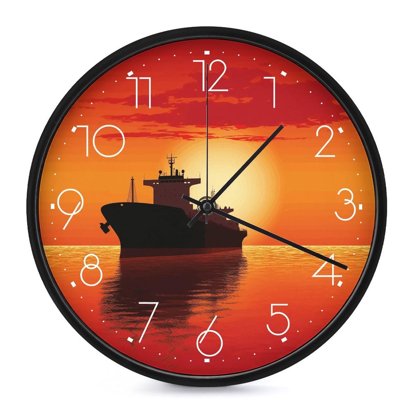 Adfgyerh White-Style Silhouette Of The Tanker Ship On Red Sunrise Clock，9.8 Inch Battery Operated Wall Clock Classic Simple, Decorative Wall Clock.analog Clock For Kitchen Office Bathroom Bedroom.