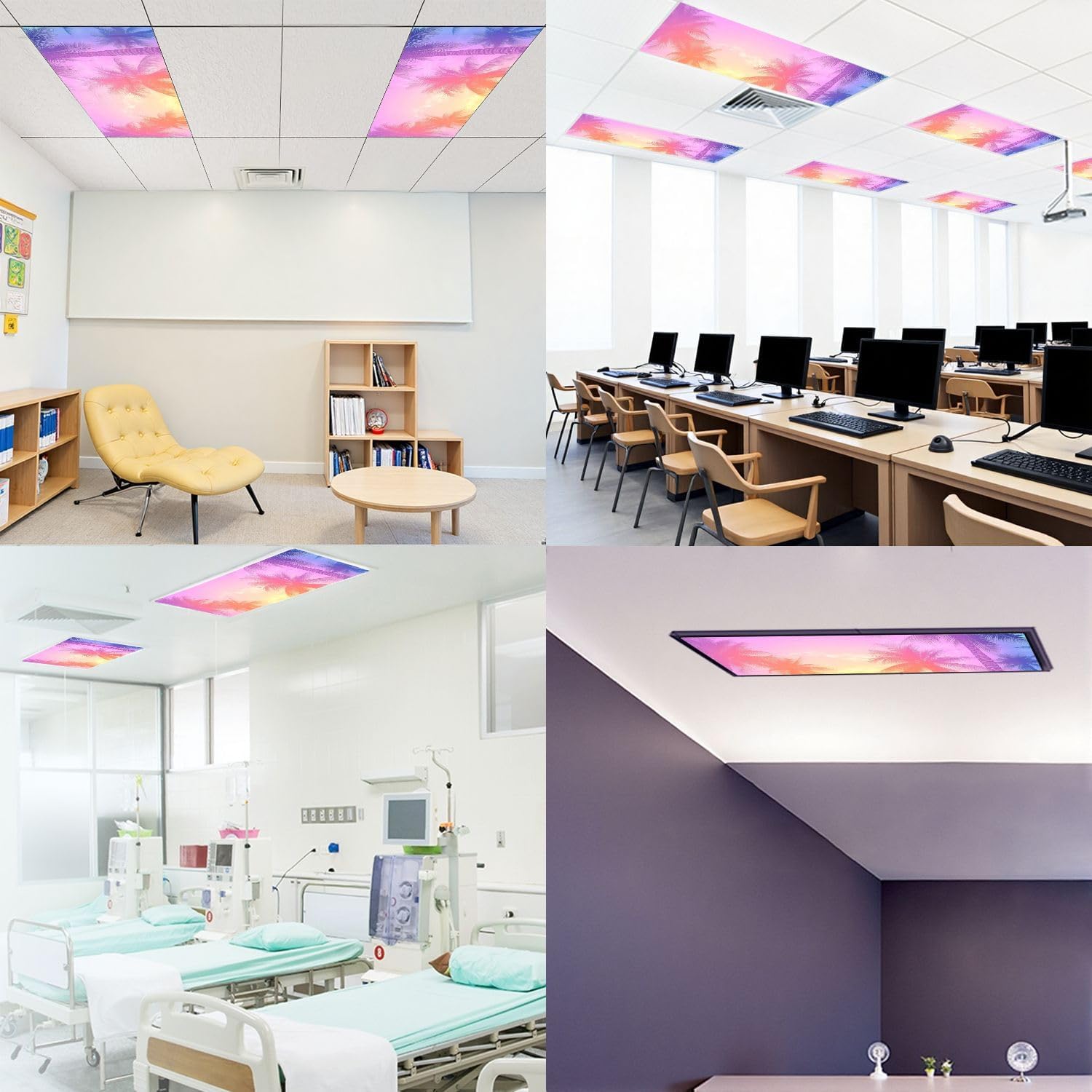 Fluorescent Light Covers for Ceiling Lights 1980s Retro Tropical Summer Palm Tree Sunlight Easy to Install Magnetic Light Filter for Classroom Office Hospitals School Home Decor