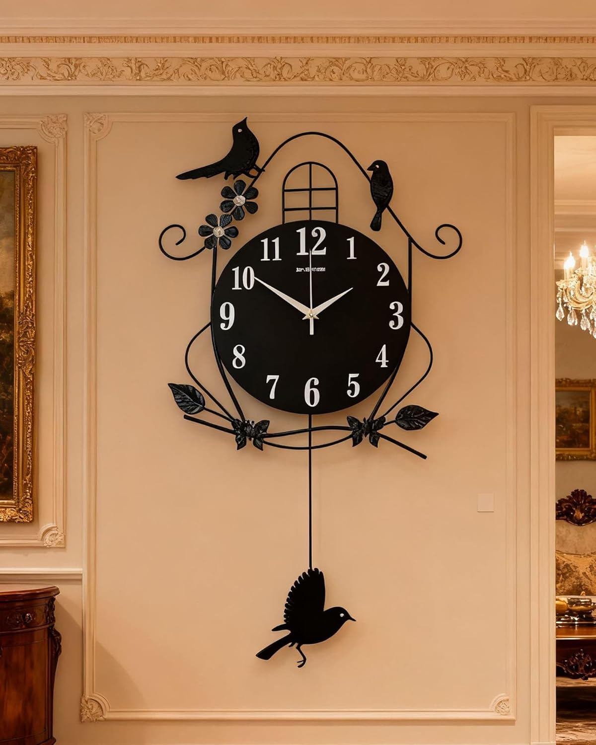 Modern Black Pendulum Wall Clock with Bird Design - Silent Non-Ticking Movement, Large Dials for Living Room and Office Decor,A