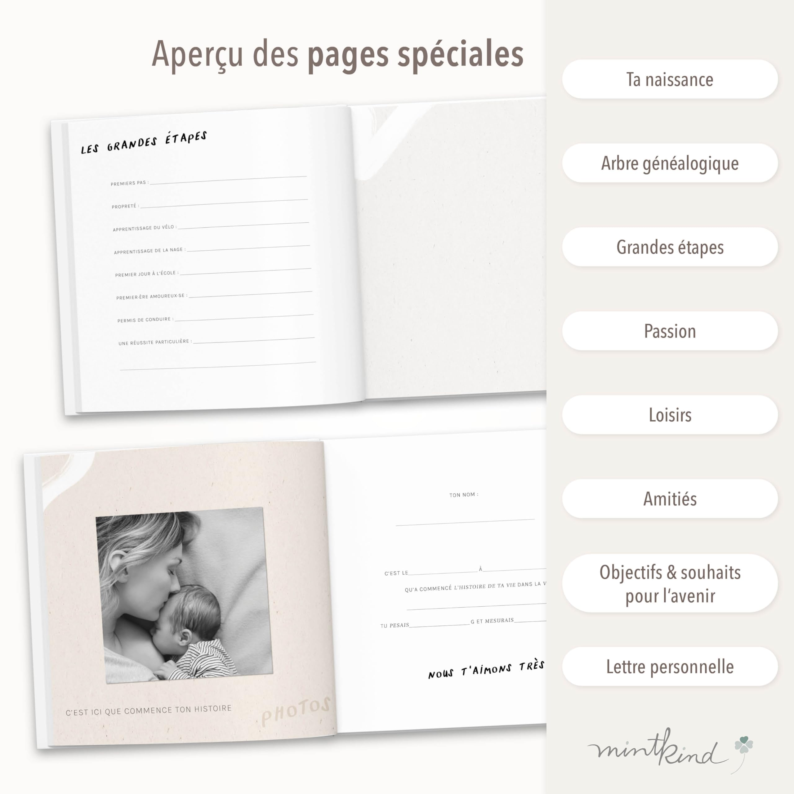 Mintkind - Libro de nacimiento para bebé de 0 a 18 años - Álbum de cumpleaños para completar, manta de lino salvia, recuerdos preciosos, diario de registro para bebé, pasos importantes y momentos