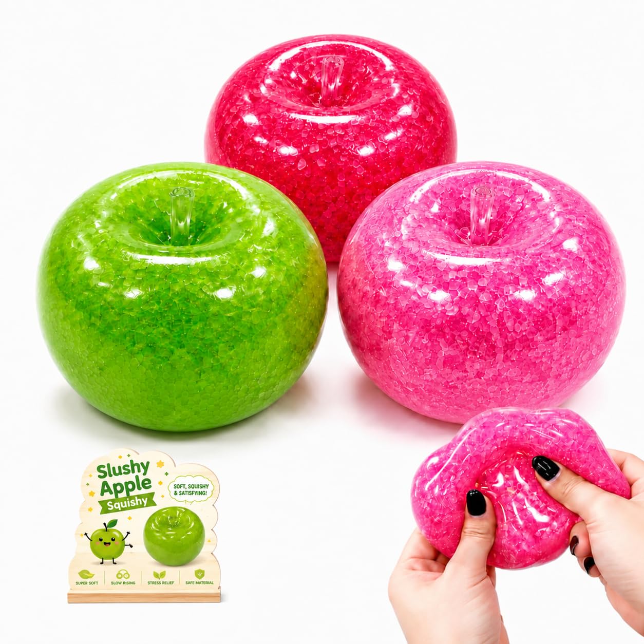 3Pcs Slushy Apple Squishy, Green Red Pink Apple Squishy Slush Ball Toys