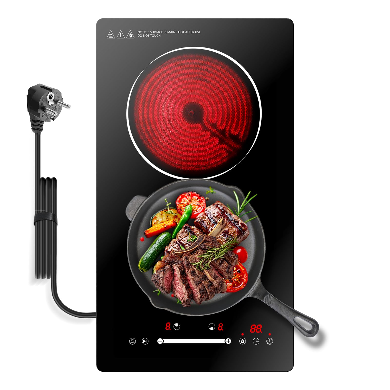 Gveyajo Ceramic Hob 2 Zone, 2 Ring Electric Hob Slider Control, Built-in & Countertop Hob, 3000W Plug in Double Electric Hob, 9 Power Levels, Timer, Residual Heat Indicator, Child Lock, 220-240V