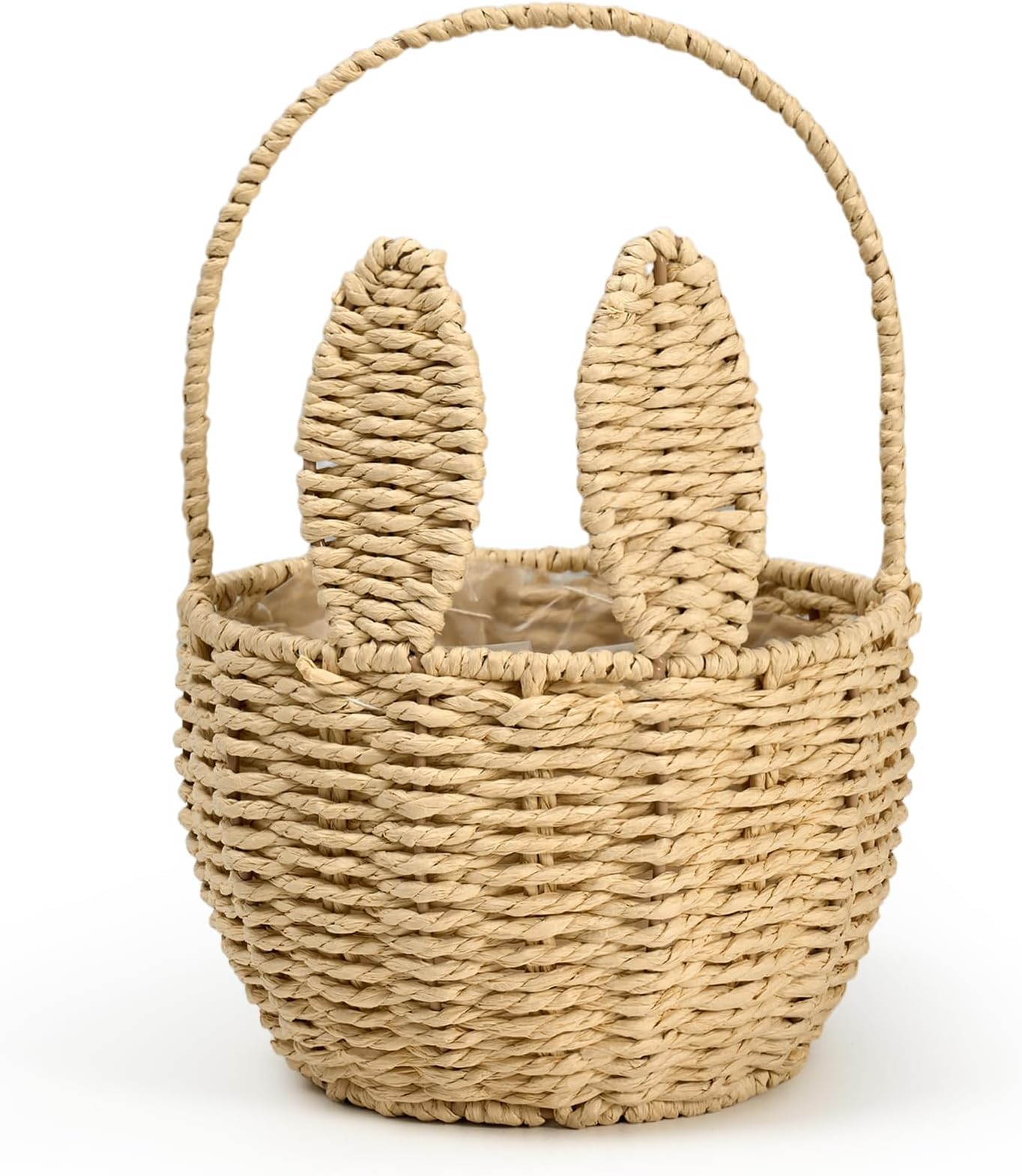 Easter Bunny Basket with Handle Handmade Wicker Bunny Ears Picnic Basket Sturdy Rattan Woven Rabbit Storage Container for Easter Gifts Egg Hunt Flower Candy Organizer Spring Party Decor