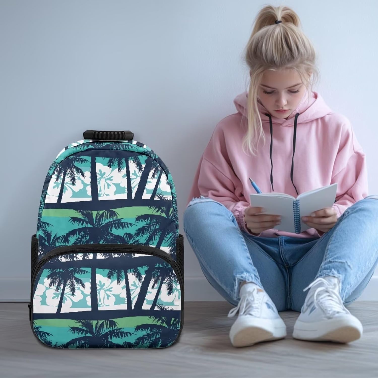 Island Coconut Flower Print Lightweight Laptop Backpack for Daily Use - School Bagpack with Two Side Water Bottle Pockets, Adjustable Shoulder Straps and Breathable Back(17.3x12.2x5.9in)