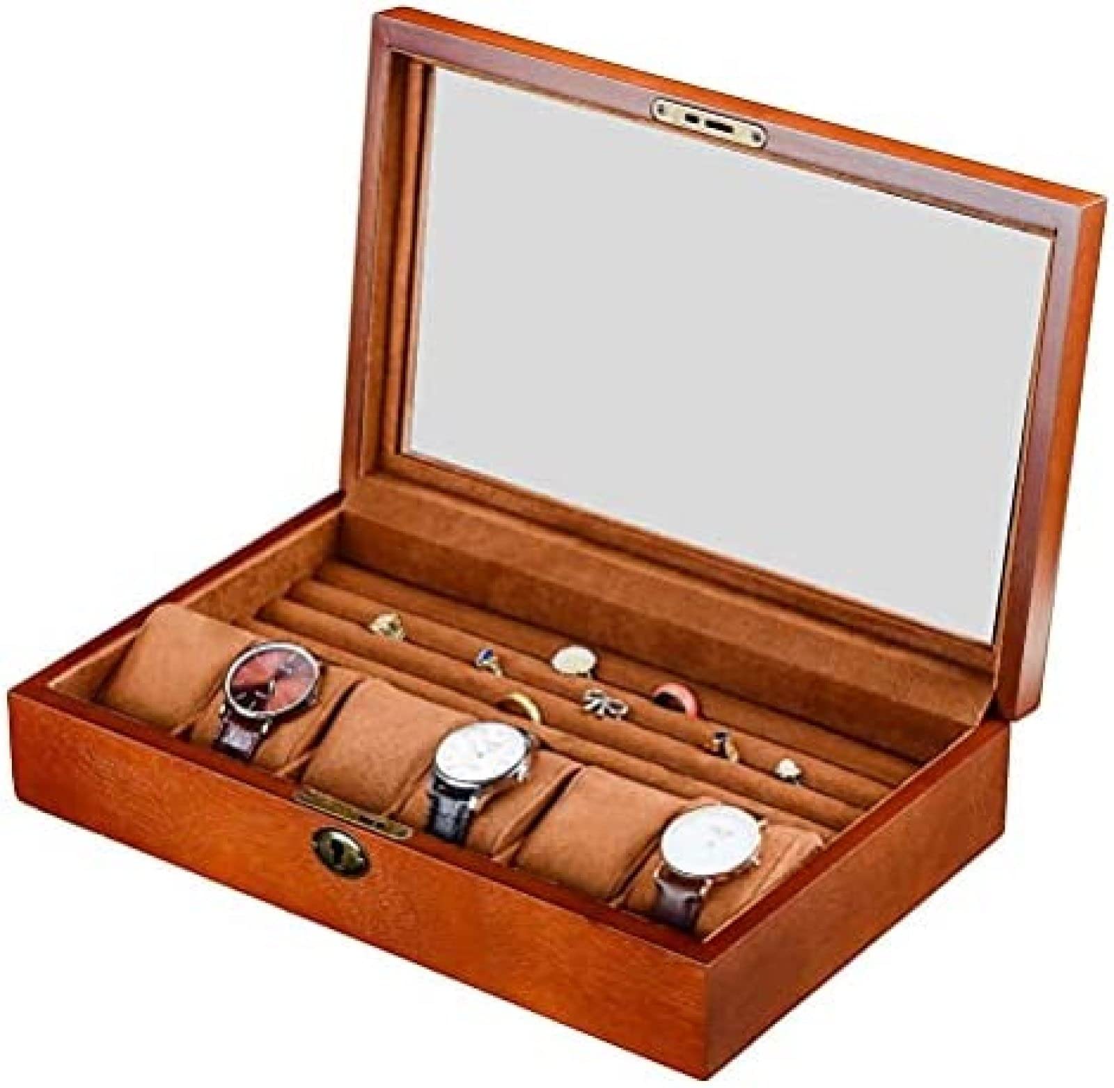 YNBSHGAA Lockable Jewellery Watches Storage Box, Wooden Jewellery Organiser for Earrings Bracelets Necklaces Jewellery Case for Women Men