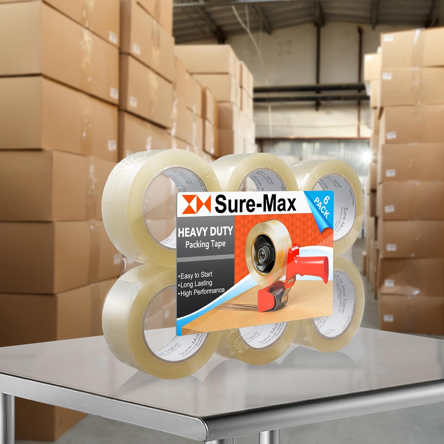 Sure-Max 6 Rolls Heavy-Duty Shipping & Packing Tape (2" x 120 yard/360' Each) - Moving & Adhesive Carton Sealing - 2.7mil Clear