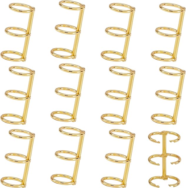 PandaHall 12pcs 3 Ring Binder Clips, Golden Book Rings Metal Loose Leaf Binder Rings, Ring Snap Split Hinged for Notebook Diary Photo Album Binding