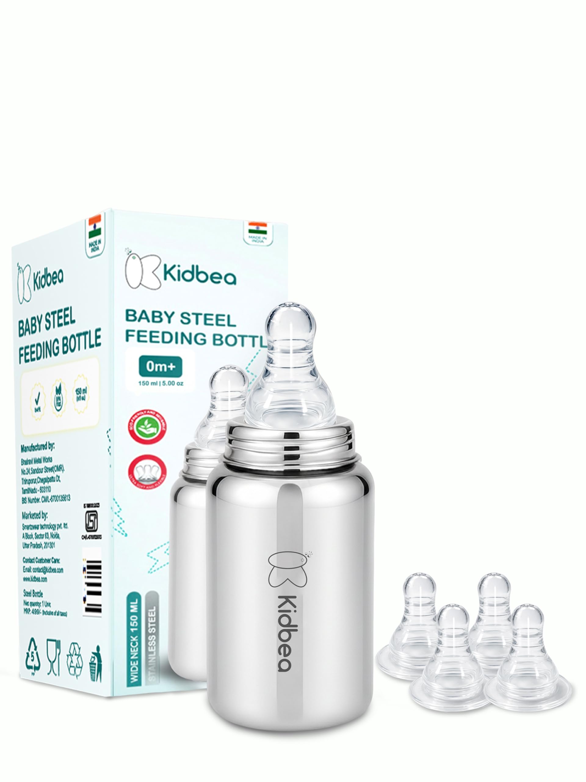 Kidbea Stainless Steel Baby Feeding Bottle 150ml with 4 Extra Silicone Nipples | BPA Free, Anti-Colic Milk Bottle Feeder for Newborns & Infants-image-11
