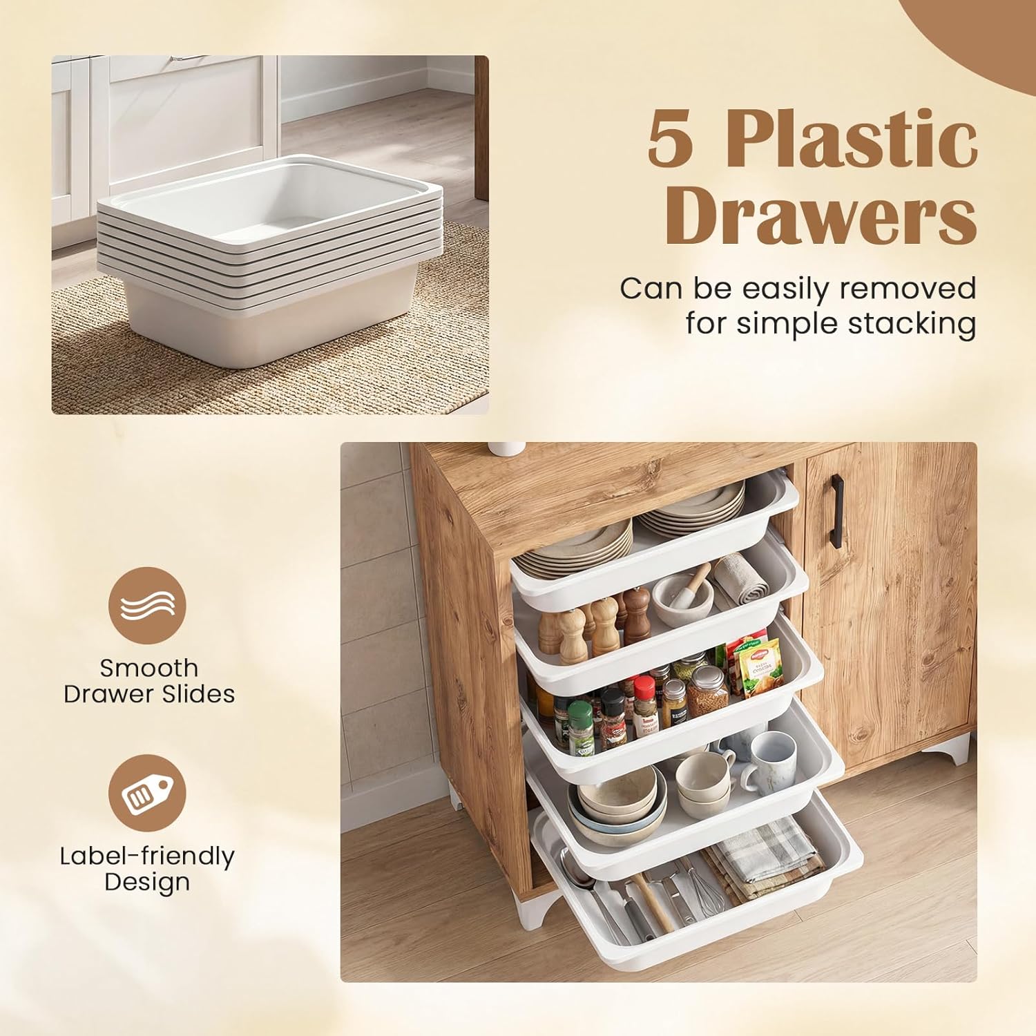 Giantex Buffet Cabinet Sideboard with Plastic Storage Drawer, Coffee Bar Cabinet with 5 Removable Drawers & Door, Wooden Farmhouse Storage Organizer for Kitchen, Living Room