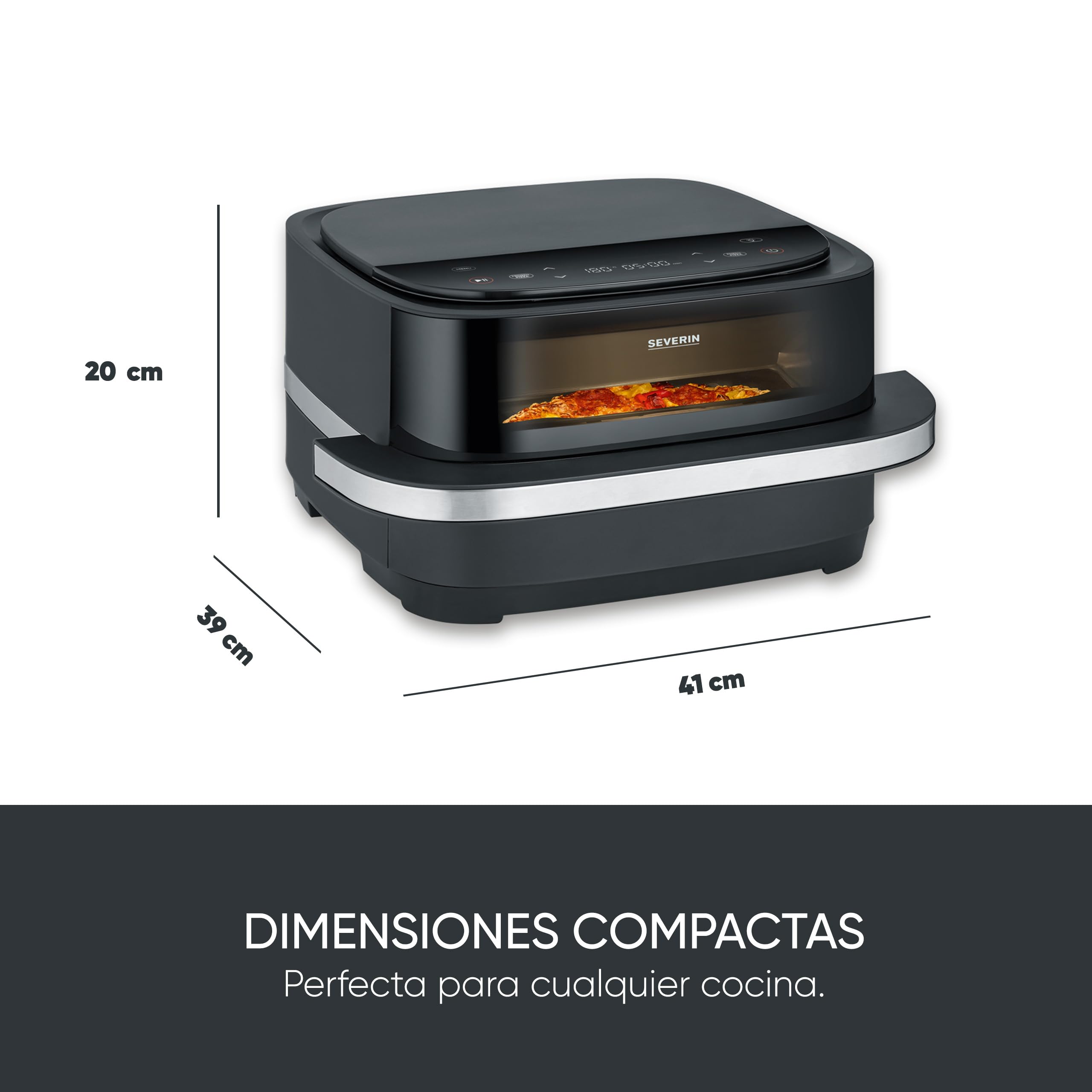 SEVERIN Freidora de aire S-Fry Pizza & More, 10 programas automáticos para pizza y más, distribución óptima del calor, forma extraancha, ventana de visualización, 4 l, 2100 W, negro, plateado, FR 2464