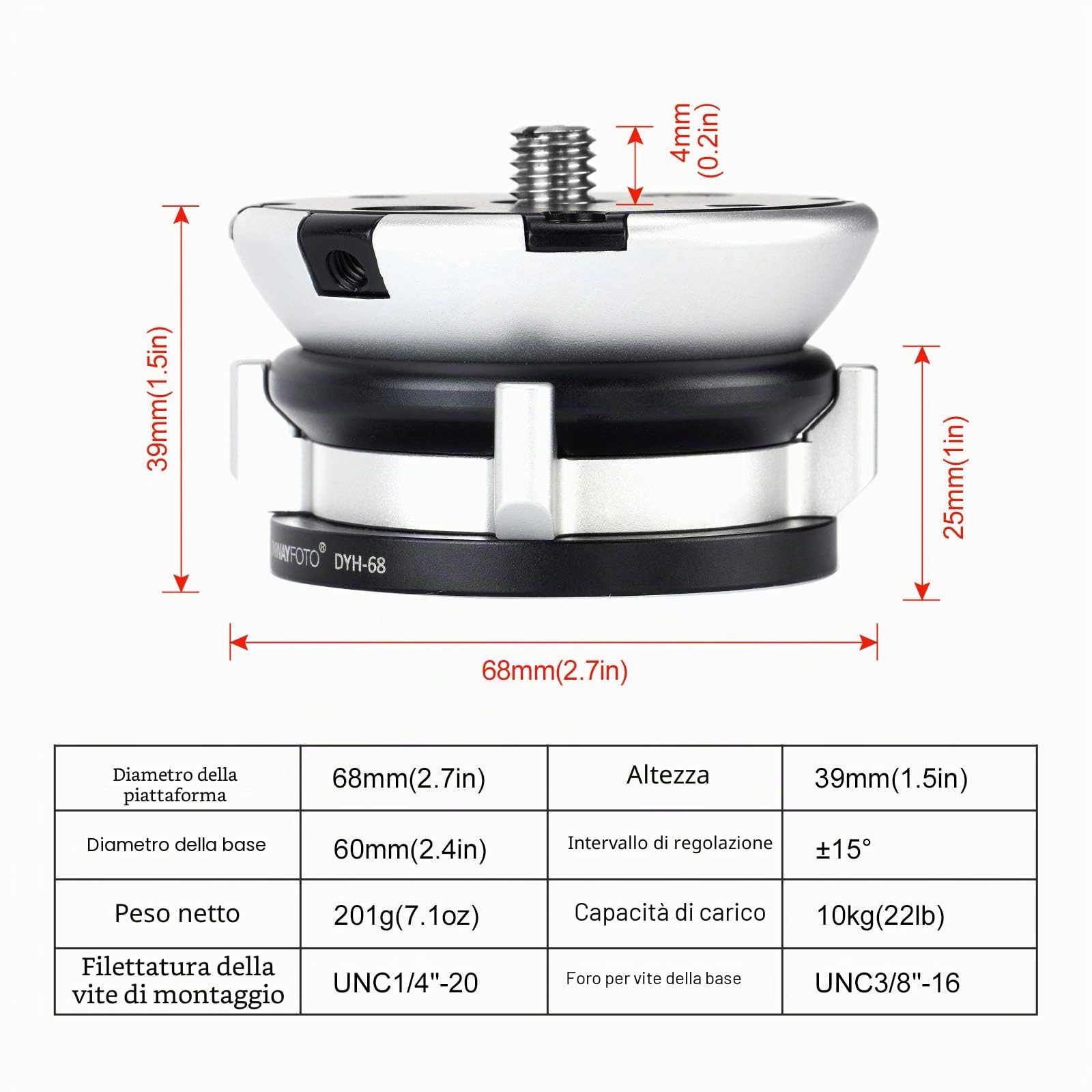 SUNWAYFOTO Base di livellamento DYH-68 Testa treppiede Capacità di carico 10 kg