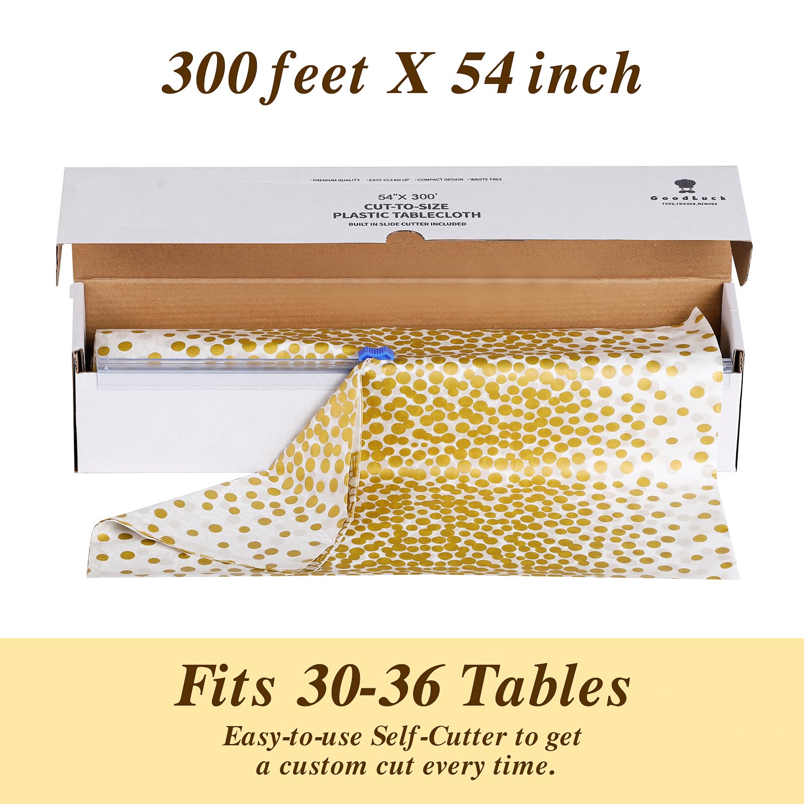 Manteles de plástico de 54 pulgadas x 300 pies con caja cortadora, manteles desechables para fiestas, manteles de plástico para fiestas, banquetes, bodas, cumpleaños, baby shower, aniversario, lunares