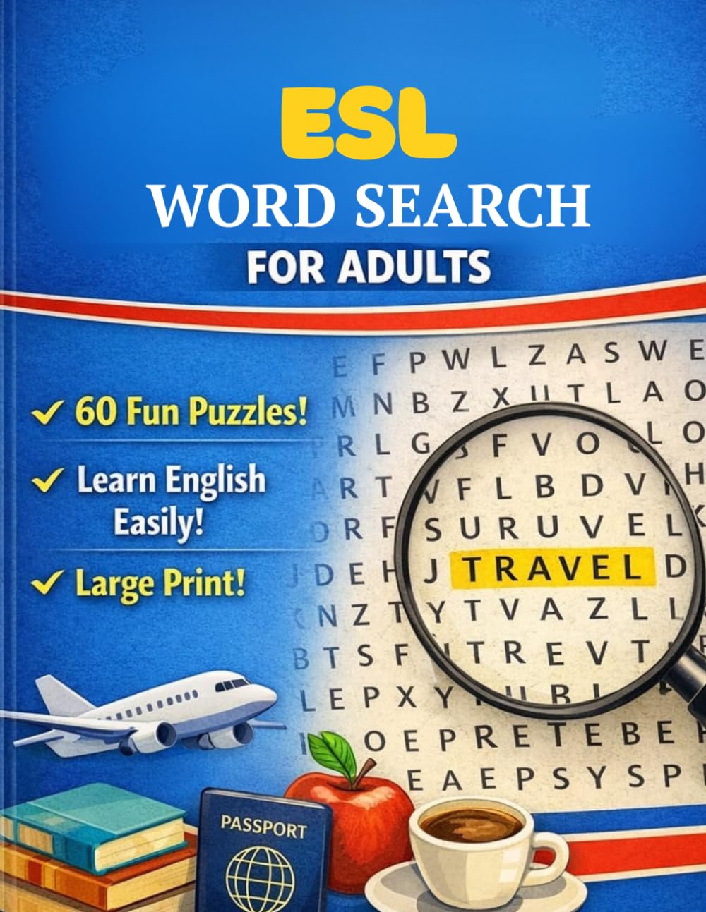 ESL Word Search for Adults: Large Print Puzzle Book with 60 Easy & Medium Puzzles for Learning English Vocabulary: Fun and Relaxing Word Search for Beginners and Intermediate English Learners