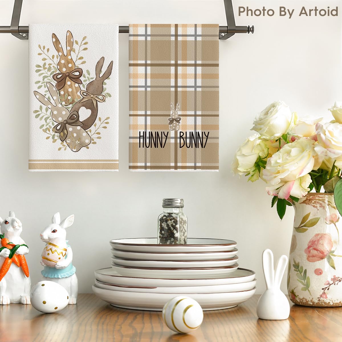Artoid Mode Buffalo Plaid Bunny Rabbits Happy Easter Kitchen Towels Dish Towels, 18x26 Inch Seasonal Decoration Hand Towels Set of 4