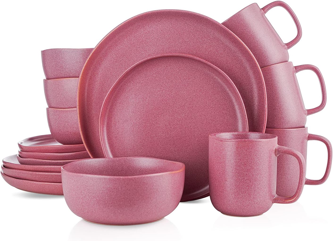 Stone Lain Tom Stoneware 16-Piece Reactive Glaze Dinnerware Set, Plates and Bowls Set, Microwave and Dishwasher Safe Dish Set for 4, Pink and White