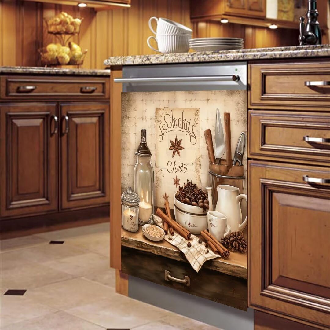 Kitchen Decor Retro Style Magnet Dishwasher Cover Skin Panel, Coffee Vinyl Dishwasher Magnetic Sticker, Kitchen Supplies Magnet Refrigerator Door Panels Cover - 23" x 26" Magnetic