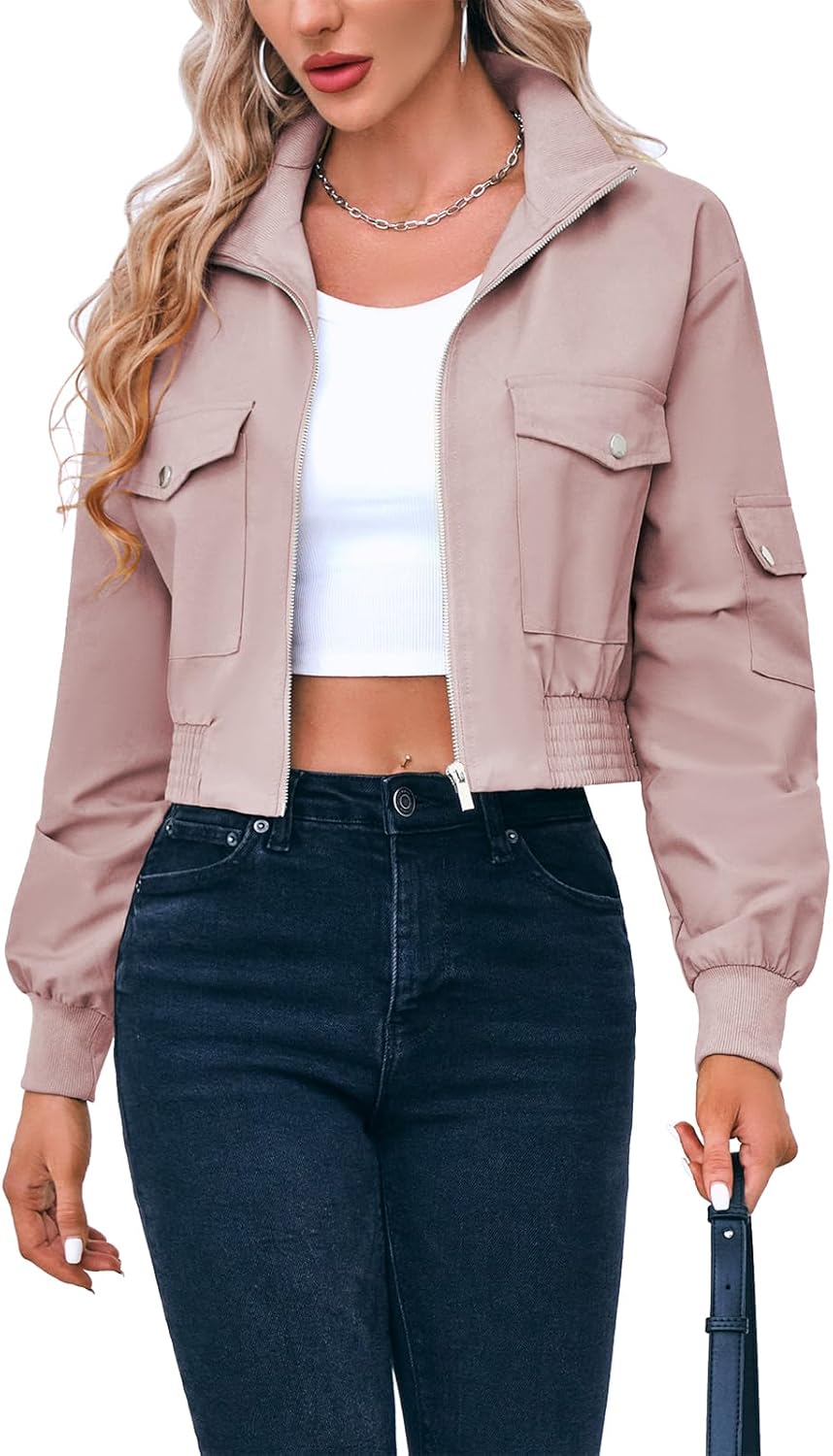 Fisoew Women's Cropped Bomber Jackets Lightweight Zip Up Stand Collar Long Sleeve Short Jacket with Pockets