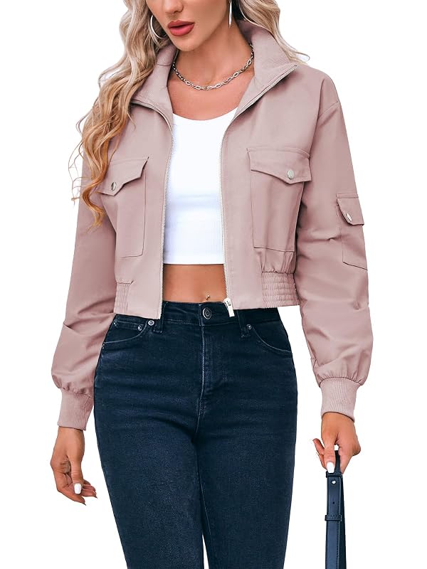 Fisoew Women's Fashion Cropped Bomber Jacket Long Sleeve Zip Up Stand Collar Jacket Coat with Pocket by Fisoew - Used condition - US$33.24