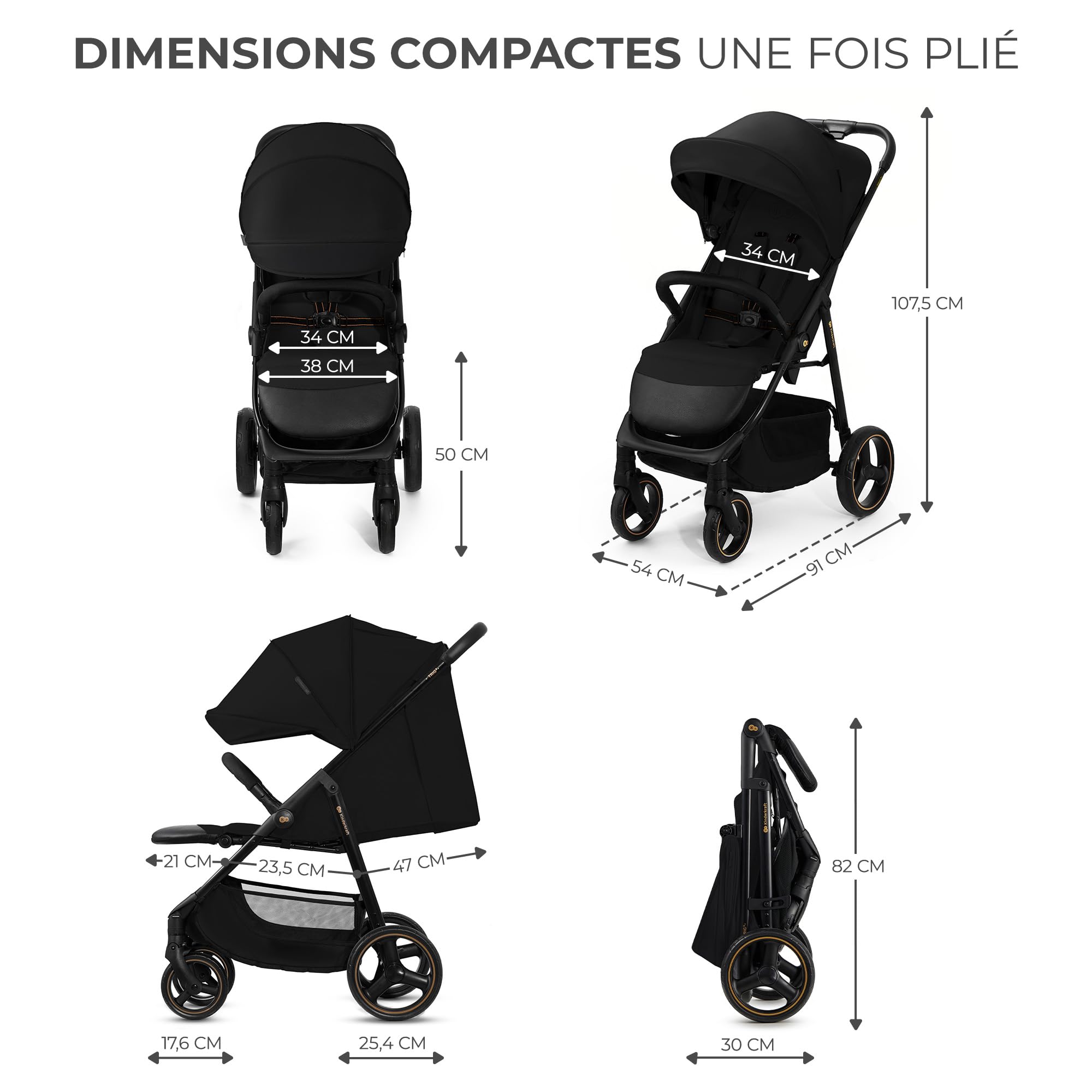 Kinderkraft TRIG 3 Poussette Canne, Légère, Position Allongée, Suspension 4 Roues, Pliable, Harnais réglables à 5 points, Repose-pieds, Jusqu'à 25 kg, Noir