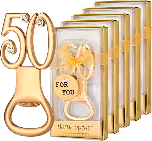 Miniatura 9 de VZCBZC 50 recuerdos dorados de fiesta de cumpleaños 70 con diamantes de imitación, perfectos para invitados, 70 abridores de botellas de cerveza,
