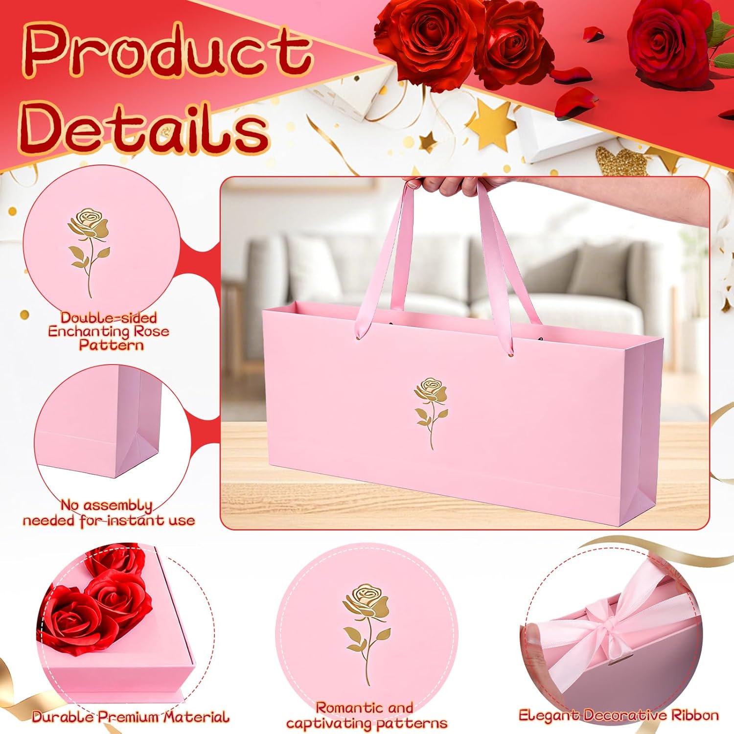 6 Set I Love You Empty Box, Valentines Fillable I Heart U Letter-Shaped Thicker Flowers Gift Boxes for Valentine's Mothers Day Anniversary Birthday (Pink)