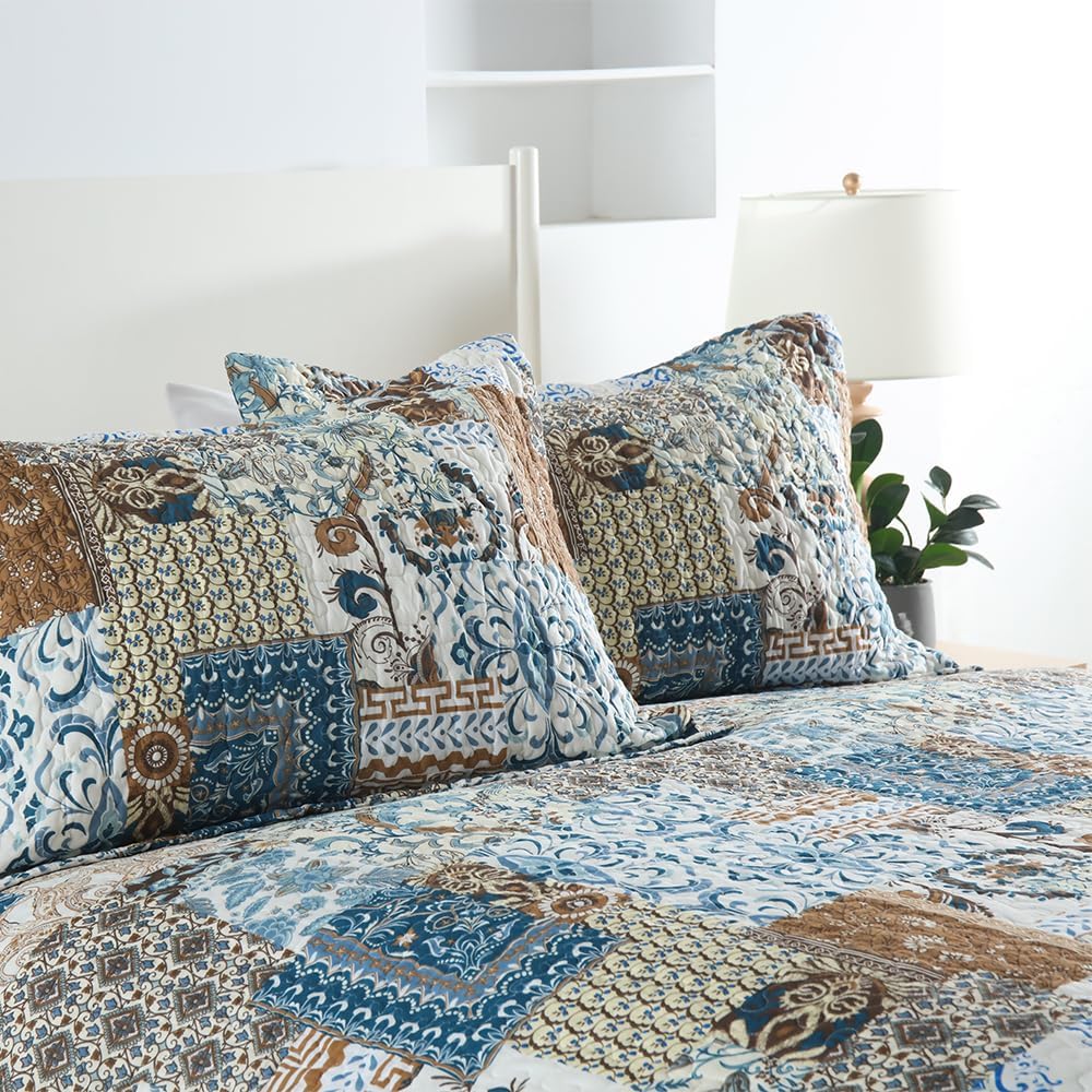 ENASAL Cotton Bedspread Quilt Bedding Sets Reversible Coverlet Comforters Blue Bohemian Rustic Floral Patchwork Pattern Bedspread for All Season,Queen Size | Breathable material, Cotton bedspread, Reversible coverlets, Patchwork rustic, Jacquard stitching, Machine waschable - Image 3