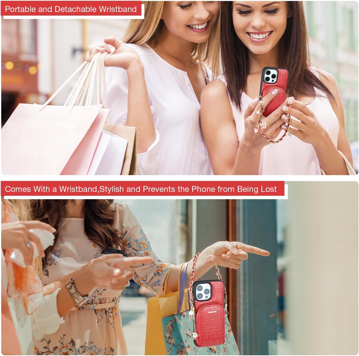 Hanman Leather Wallet Case with Wrist Strap for iPhone 16 Pro Max,RFID Blocking PU Leather Zipper Purse Case for iPhone 16 Pro Max,Crocodile Leather Wallet & Card Holder Case Red - Image 3