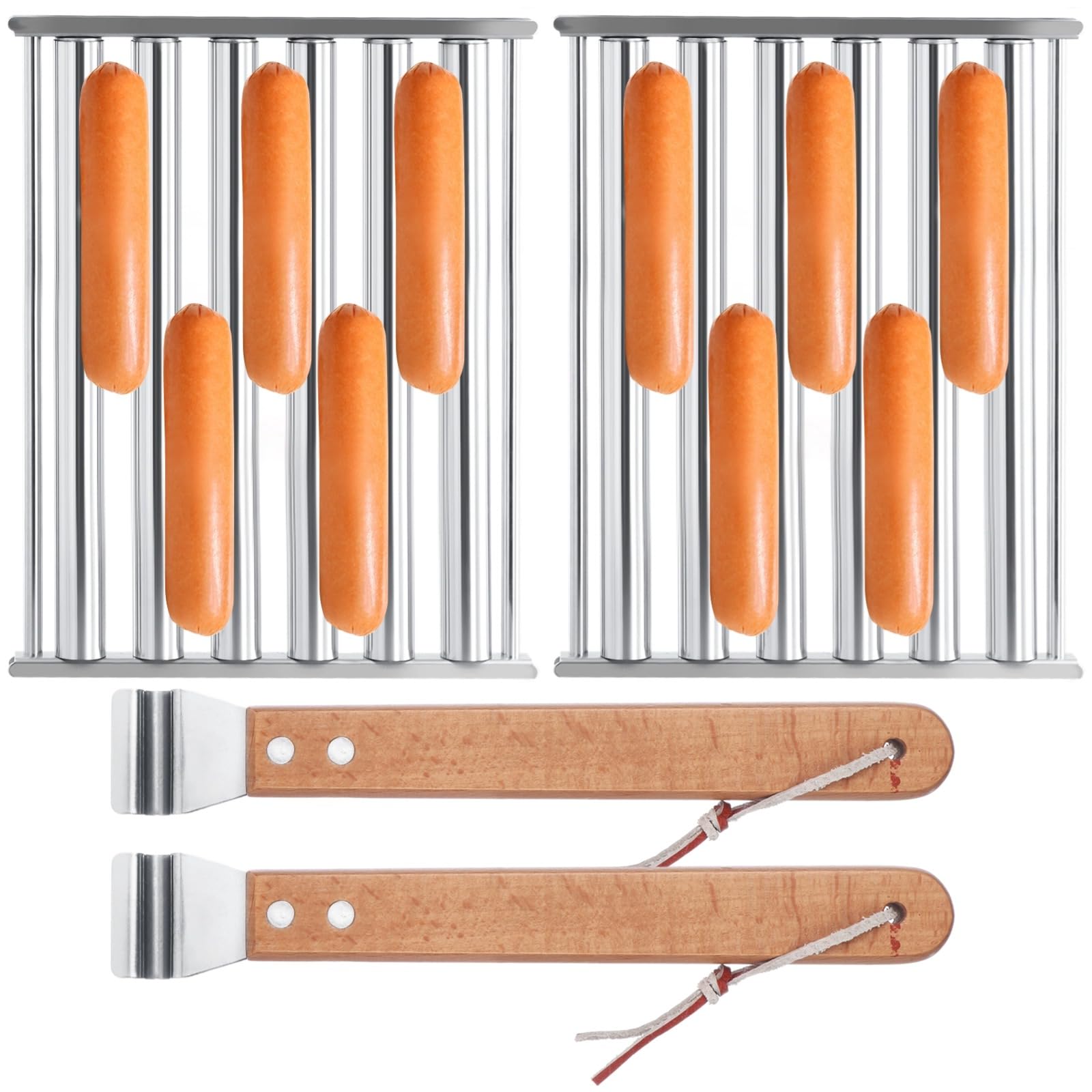 Hot Dog Roller für Grill, Hot Dog Roller, Edelstahl Wurstroller Rack mit Holzgriff, Grillrollen-Werkzeuge, Grillzubehör für Outdoor, 23,9 x 18 cm, 2 Stück