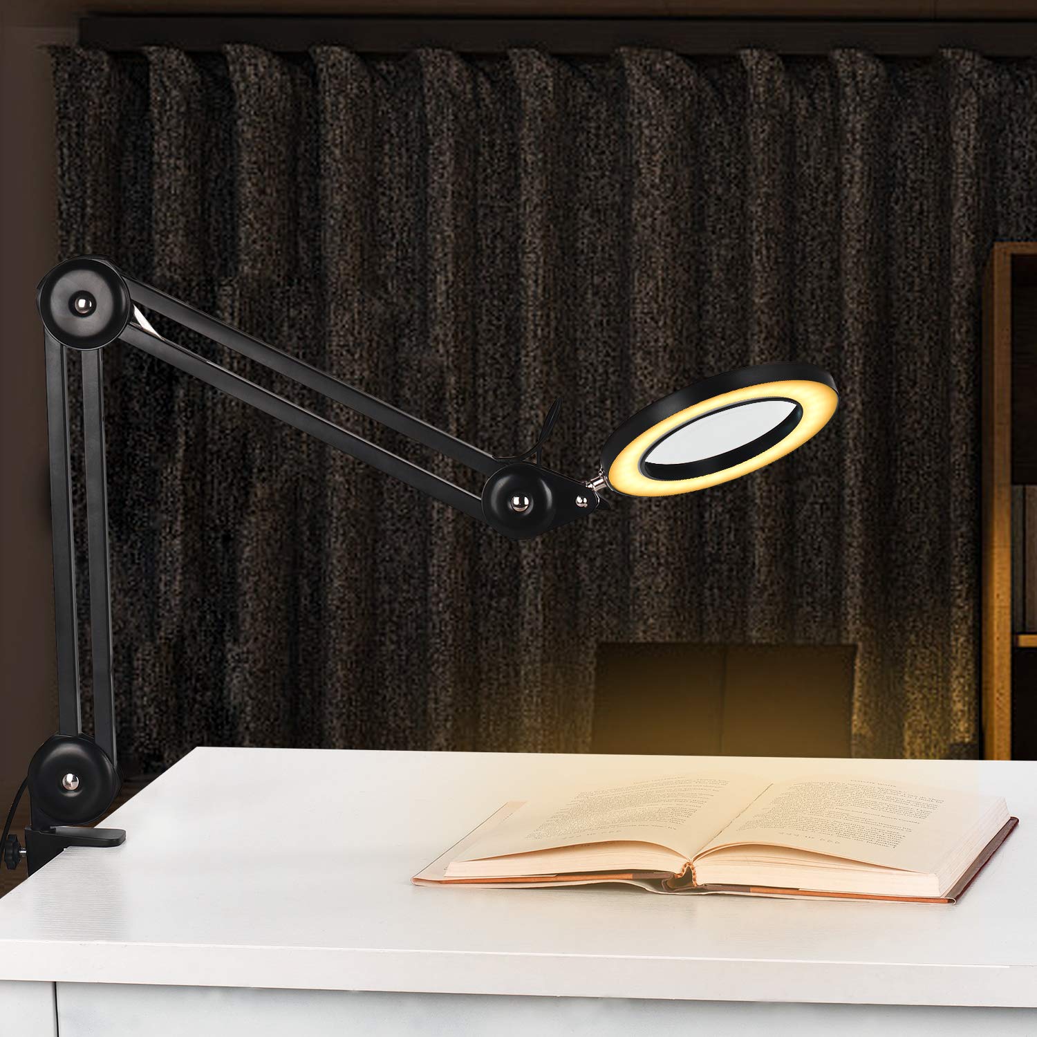 Lampka LED z lupą o 5 dioptriach – lampa robocza z 105mm soczewką szklaną, możliwość ściemniania światła (3 kolory) i zaciskiem na stół – elastyczne ramię obrotowe do precyzyjnych prac, robótek