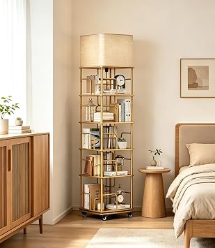 5 Tier Gold Rotating Bookshelf with Light, Square Revolving Book Shelf Tower with Wheels, 360 Display Corner Shelves with Large Capacity for Small and Narrow Space, Office, Living and Bed Room