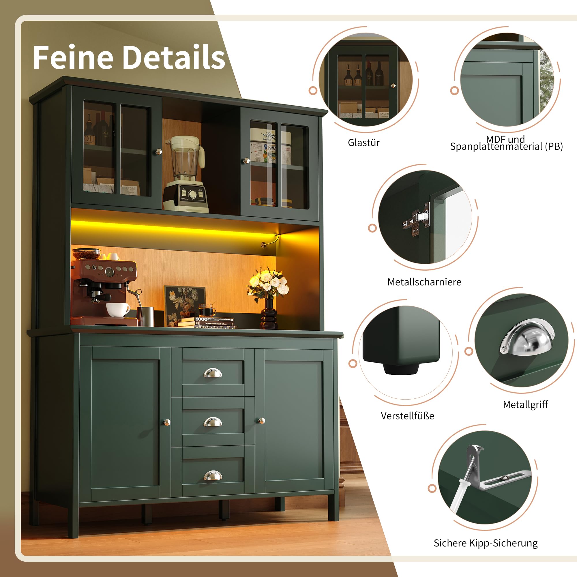 Küchenschrank mit LED-Beleuchtung und Verstellbare Füße, Hochschrank mit Schublade und Aufbewahrungsschrank, Buffetschrank mit Braunen Glastüren, Grün-C, 120x40x179 cm