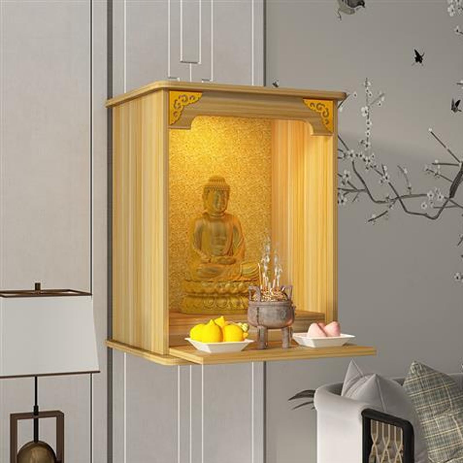 JNTFNE Buddha Altar Shelf, Chinese Buddhist Cabinet, Wall Mounted Shrine with Pull-out Storage Panel, Meditation Table, Puja for Home or Temple Worship(Yellow,34x25x40cm/13x10x15.7")